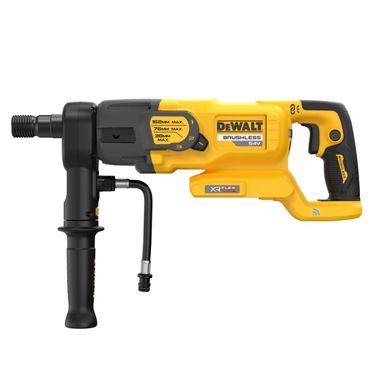 A DEWALT DCD150NK 54V brushless rotary hammer drill, with a yellow and black design, side handle, and adjustment settings for drilling diameters. The tool features XR FLEXVOLT branding and a detachable cable.