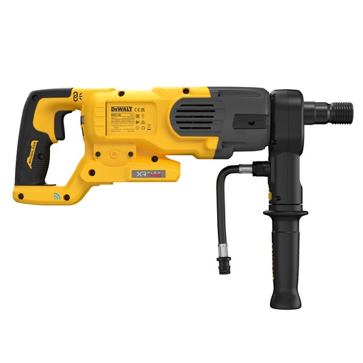 A DEWALT DCD150NK XR FlexVolt cordless power drill with a yellow and black body, ergonomic handle, side grip, and connectivity port attachment, shown on a white background.