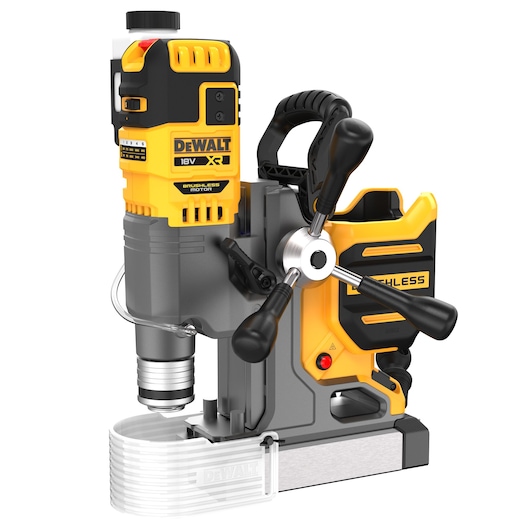 A DEWALT cordless brushless magnetic drill press, featuring a yellow and black design with control levers and a sturdy base.