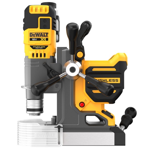 DEWALT 18V XR brushless magnetic drill, shown from the side, featuring three black control handles and a yellow and black body, designed for precise drilling tasks.