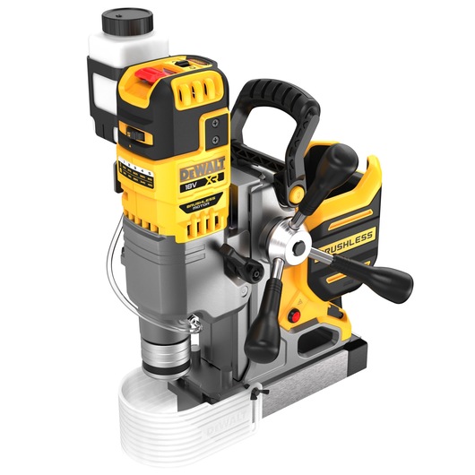 A DEWALT 18V XR brushless magnetic drill press with handles, a clear protective guard, and a fluid container attached at the top. The tool features yellow and black coloring, and is designed for heavy-duty metal drilling operations.