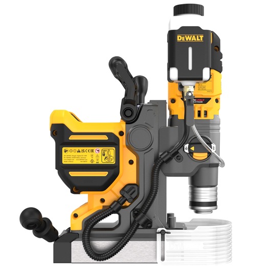 A DEWALT branded yellow and black portable magnetic drill press, model DCD1623N, shown from the side with various control handles and components visible.
