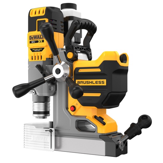 A DEWALT 18V brushless portable magnetic drill press with yellow and black casing, a handle on top, and control levers visible in the foreground.