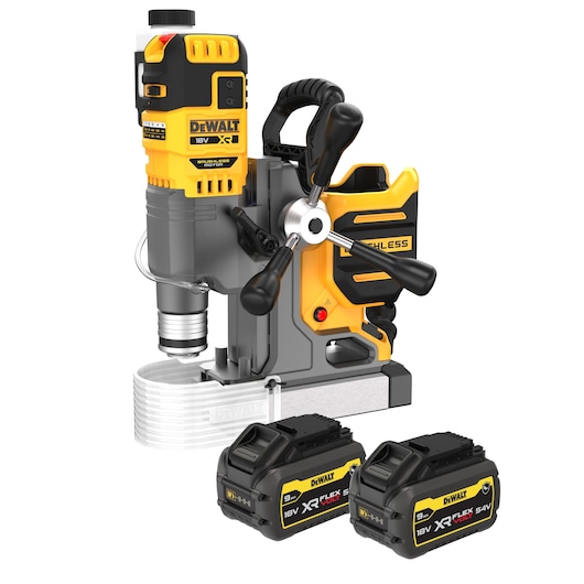 DEWALT 18V XR cordless brushless magnetic drill with two XR FLEXVOLT batteries. The drill is yellow and black with a handle and multiple controls, and the batteries are positioned in front.