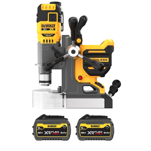 DEWALT cordless magnetic drill press in yellow and black, model DCD1623X2G, shown with two 18V XR FLEXVOLT 54V 9Ah lithium-ion batteries.