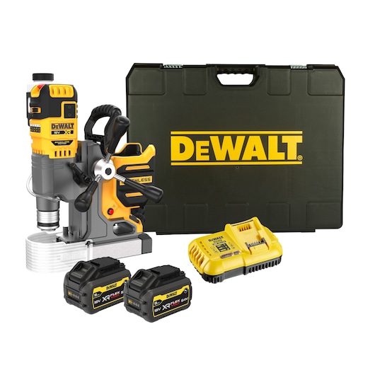 DEWALT magnetic drill kit including a yellow and black cordless magnetic drill, two XR FLEXVOLT 18V/54V batteries, a charger, and a hard carrying case with the DEWALT logo.