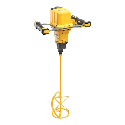 A yellow and black cordless paddle mixer with two handles, used for mixing construction materials. The tool is shown against a white background.