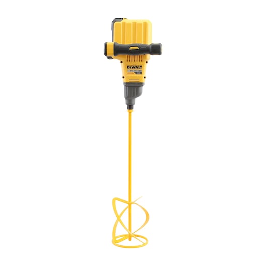 A DEWALT cordless mixer with a yellow and black handle and a long mixing paddle, designed for mixing materials such as paint or mortar.