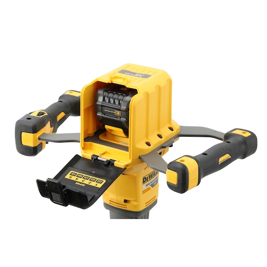 Close-up of a DEWALT cordless power mixer, model DCD240X2, with yellow and black handles and an open compartment, showing the battery slot and RPM control panel.