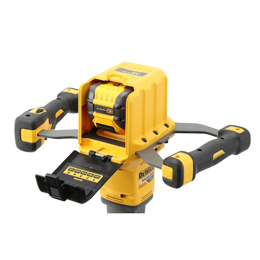 Close-up of a DEWALT power tool, model DCD240X2, with two black and yellow handles and an open battery compartment showing the battery inside. The tool is designed for heavy-duty use and features a robust build.