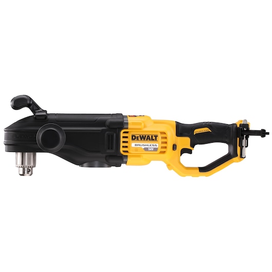 A DEWALT 54V FLEXVOLT brushless right angle drill, model DCD470N, shown from the side with its black and yellow body and large handle.