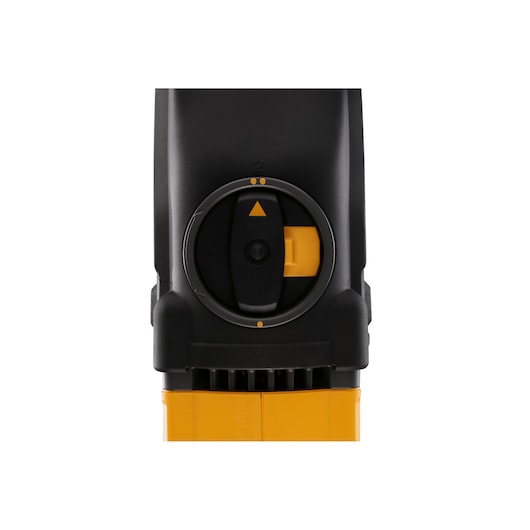 Close-up view of a DEWALT power tool component, showing a black and yellow adjustment dial with directional arrow indicator.