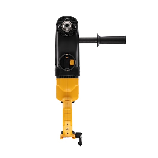 Front view of a DEWALT DCD470N power drill with a side handle, featuring a black and yellow design.