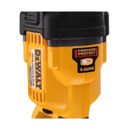 Close-up of a DEWALT 54V brushless power tool with yellow and black casing, showing the DEWALT logo and a label for 'Perform Protect' and 'E-Clutch'.