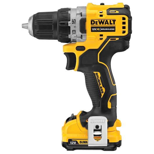A DEWALT 12V XR brushless cordless drill with a yellow and black design, featuring a metal clip and ergonomic handle.