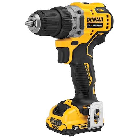 A close-up image of a yellow and black DEWALT 12V XR brushless cordless drill driver, model DCD701D2, with a compact design and ergonomic handle.