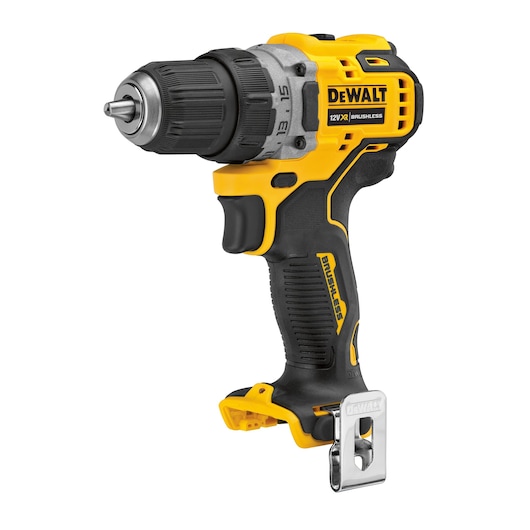 A DEWALT 12V XR brushless cordless drill driver, shown in yellow and black with a metal belt clip attached at the base.
