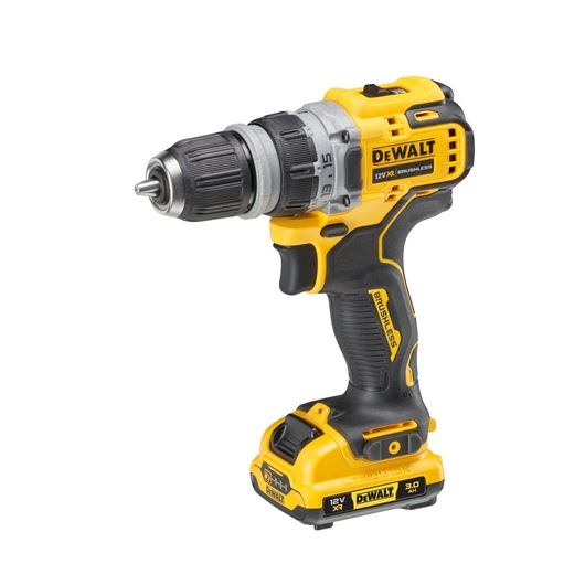 A DEWALT 12V XR brushless cordless drill with a black and yellow design, featuring a comfortable handle and battery pack attached, shown against a white background.