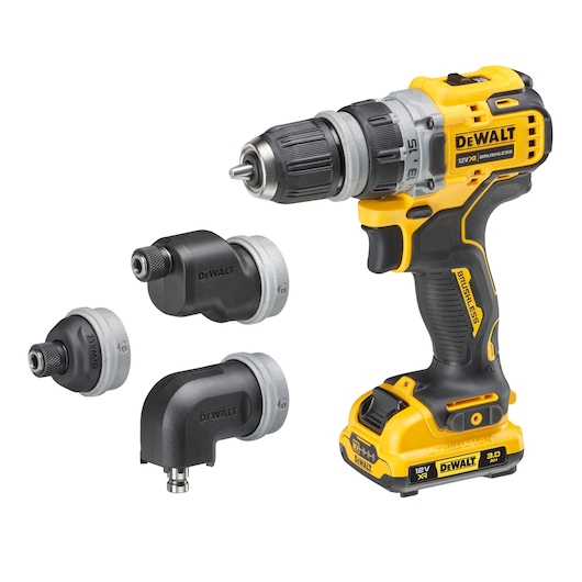 A DEWALT 12V XR brushless cordless drill with three interchangeable black and gray attachments placed beside it. The drill is yellow and black, and has 'DEWALT' branding on the side, along with a rechargeable battery pack at the bottom.