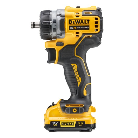 A DEWALT 12V XR brushless cordless drill driver with a yellow and black design, featuring a lithium-ion battery and ergonomic grip.