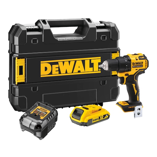 DEWALT cordless drill kit with battery, charger, and hard case shown.