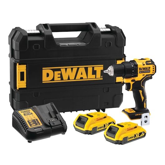 DEWALT cordless drill set including a compact drill, two rechargeable batteries, a battery charger, and a black and yellow carrying case with the DEWALT logo.