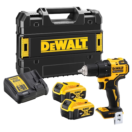 DEWALT cordless drill kit with case, charger, and two 18V batteries.