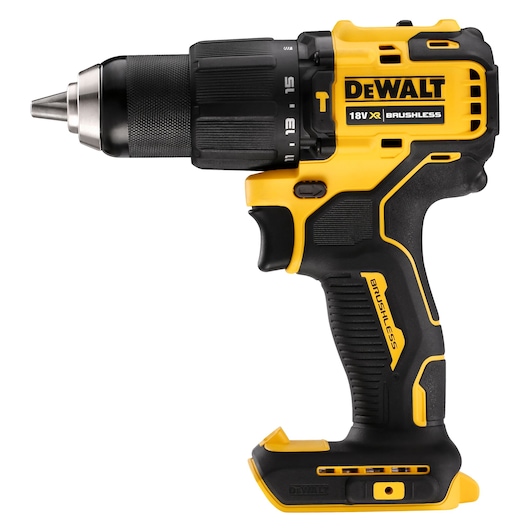 A close-up image of a DEWALT 18V XR Brushless cordless drill, showing its yellow and black design and ergonomic handle.