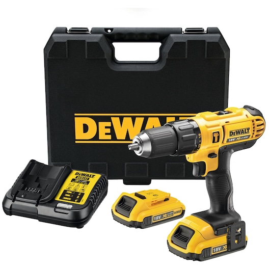 DEWALT cordless drill set including a yellow and black 18V drill driver, two rechargeable batteries, a battery charger, and a carrying case with the DEWALT logo.