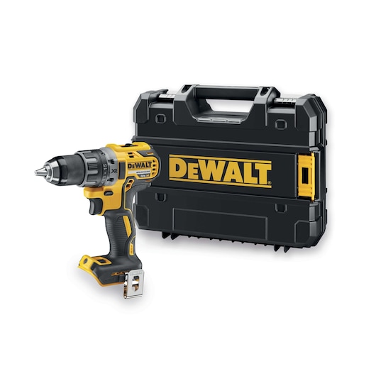 A DEWALT cordless drill with a black and yellow carrying case, both placed against a white background.
