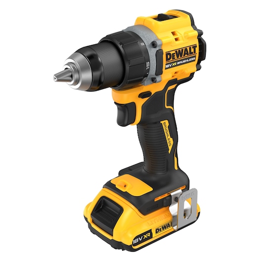 A DEWALT 18V XR brushless cordless drill with a yellow and black body, showing the brand name and various features, including a metal belt clip and a textured grip. The drill is standing upright on a white background.