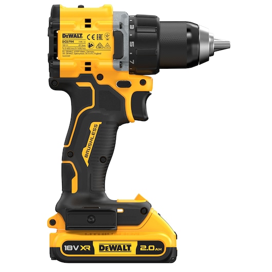 Cordless DEWALT 18V XR brushless drill with a 2.0 Ah battery, featuring a yellow and black ergonomic design.