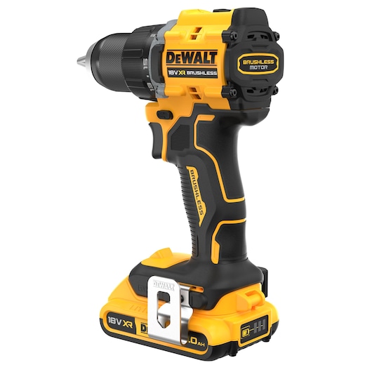 A DEWALT 18V XR brushless cordless drill with a black and yellow body, shown standing upright with a battery pack attached.