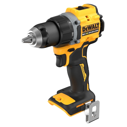 Close-up view of a DEWALT 18V XR brushless cordless drill, featuring a black and yellow ergonomic design with a metal clip attached to the base.