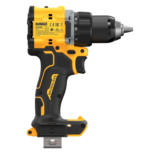 A DEWALT DCD794NT cordless brushless drill, shown from the side. The drill has a yellow and black design, a pistol-shaped handle, and a metal belt clip at the base.