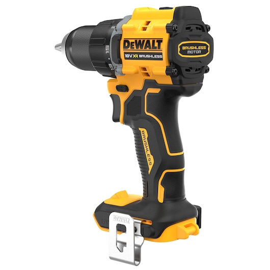 A DEWALT DCD794NT cordless power drill with a yellow and black brushless motor design. The drill features an ergonomic handle, metal belt clip, and branding on the body, shown without a battery attached.