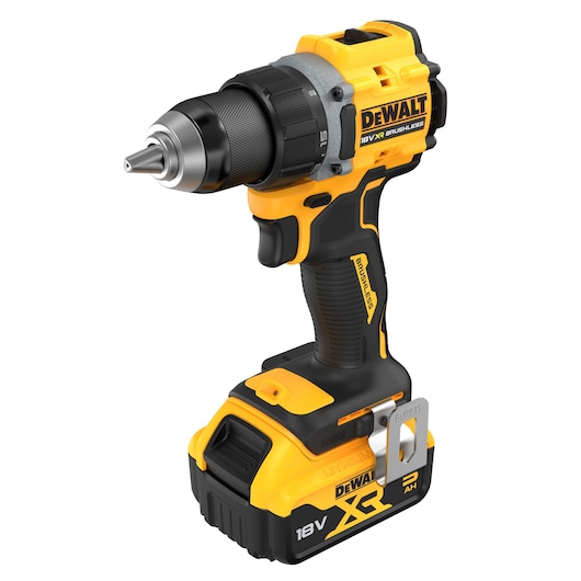 A DEWALT 18V XR cordless brushless drill driver with a yellow and black design. The tool features a comfortable grip handle, metal belt clip, and a large battery pack at the base.