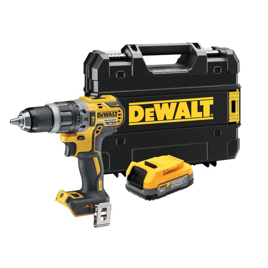 A DEWALT 18V cordless drill set with a yellow and black drill, a battery, and a hard carrying case with DEWALT branding.