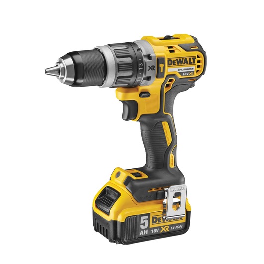 A DEWALT 18V XR cordless brushless drill driver with a 5.0Ah lithium-ion battery, shown in a side view with a yellow and black color scheme.