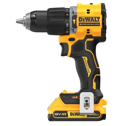 DEWALT 18V XR Brushless cordless drill with yellow and black design, featuring a battery pack and metal clip.