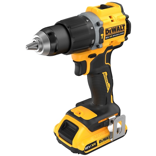 A cordless DEWALT 18V XR brushless drill with a black and yellow design, featuring a ergonomic grip, a metallic chuck, and a side belt clip.