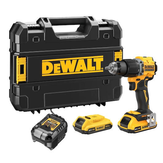 A DEWALT cordless drill set, including a yellow and black cordless drill, two rechargeable batteries, a battery charger, and a sturdy black carrying case with the DEWALT logo.