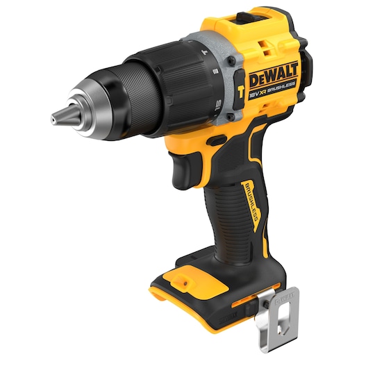 A DEWALT 18V XR brushless cordless drill, shown without battery, in yellow and black with a metallic clip attached to the base.