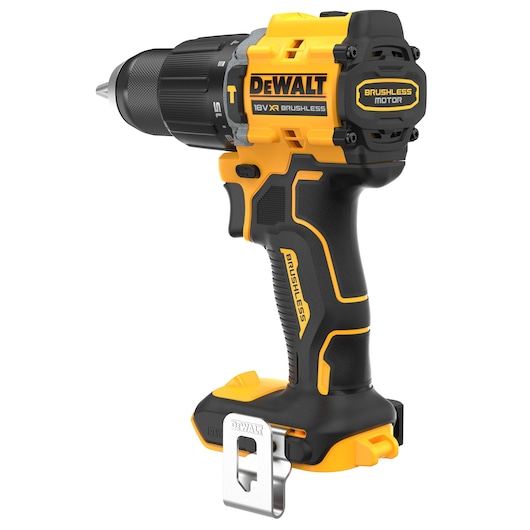 A DEWALT 18V XR brushless cordless drill driver, featuring yellow and black design, with a metal belt clip attached at the base.