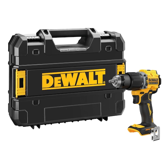 A DEWALT cordless drill with a black and yellow hard carrying case. The drill is shown beside the case, which features the DEWALT logo prominently in yellow.