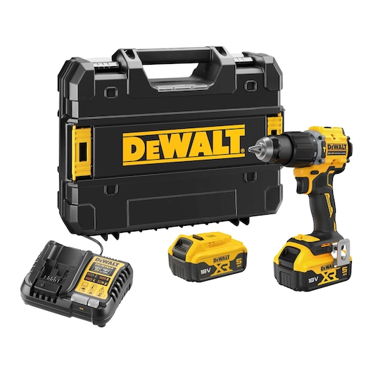 DEWALT cordless drill kit with a black carrying case, two 18V XR lithium-ion batteries, a battery charger, and a yellow and black power drill.