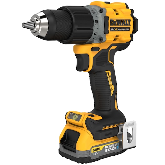 A DEWALT DCD800E1T cordless drill with 18V Powerstack lithium-ion battery, brushless motor, and ergonomic grip, shown in yellow and black.