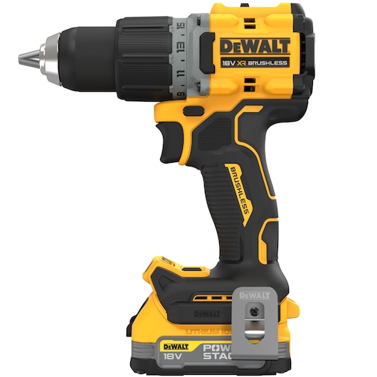 A DEWALT 18V XR brushless cordless power drill with a yellow and black design, featuring a lithium-ion battery and a metal belt clip. The drill has ergonomic grips and visible branding.