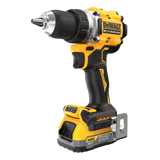 A DEWALT 18V XR brushless cordless drill, shown in a yellow and black color scheme, with a POWERSTACK lithium-ion battery attached at the base.