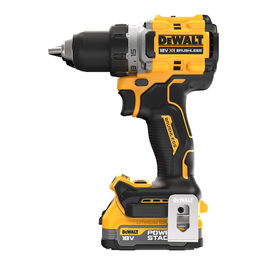 A DEWALT 18V XR Brushless cordless drill with a yellow and black design, featuring a lithium-ion battery and Power Stack technology.